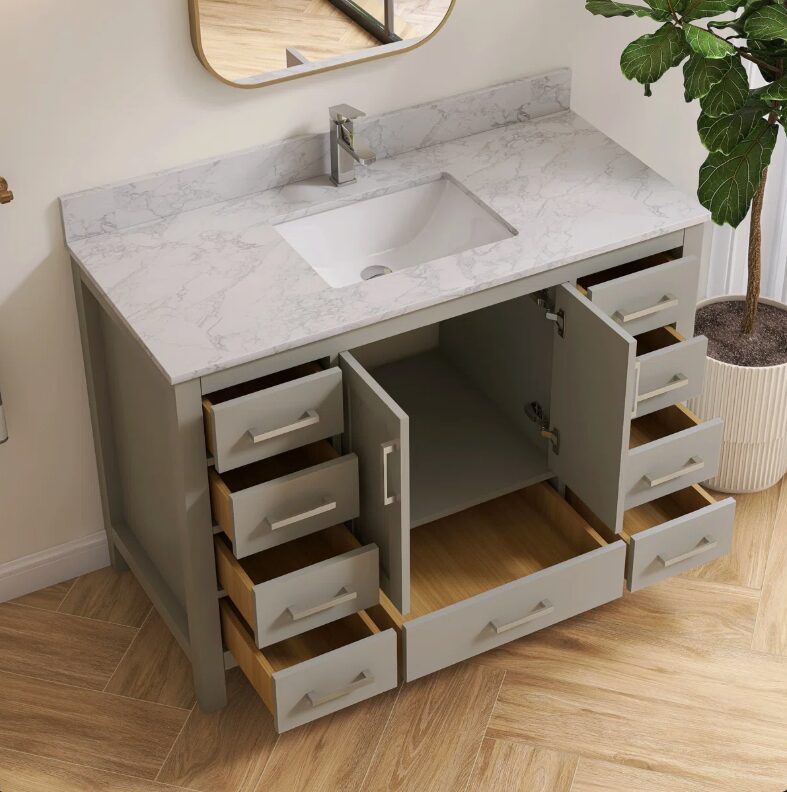 Contemporary Light Gray Single Sink Vanity with Full Soft-Close Hardware & Solid Pine Drawer Boxes