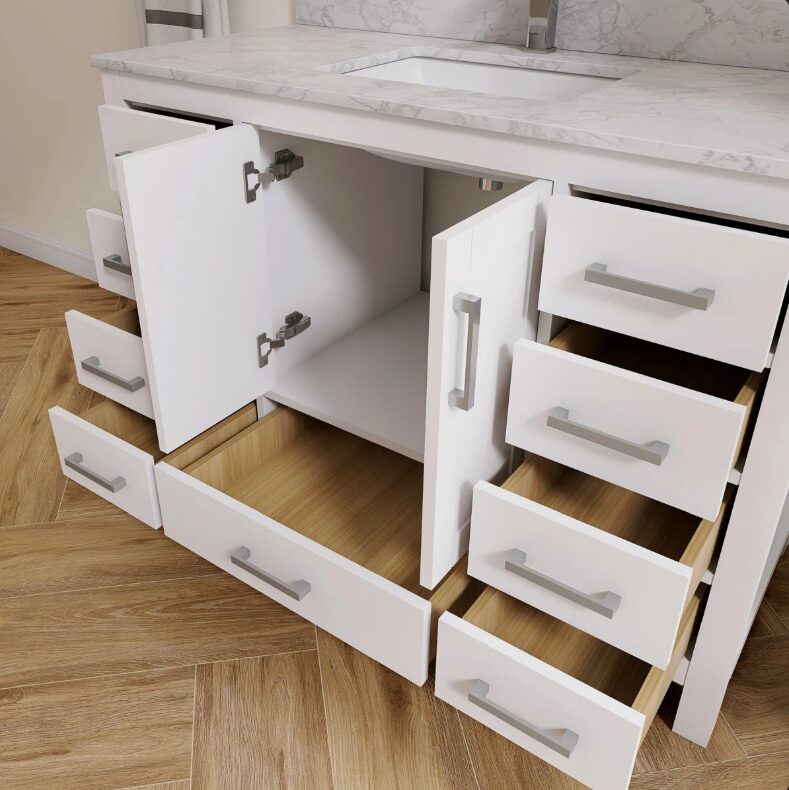 4 48" Modern White Bathroom Vanity Cabinet with Brushed Nickel Pulls & Symmetric Multi-Drawer Storage