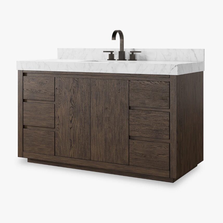 Contemporary Dark Oak Single Sink Vanity with Full Soft-Close Hardware & Large Internal Shelving