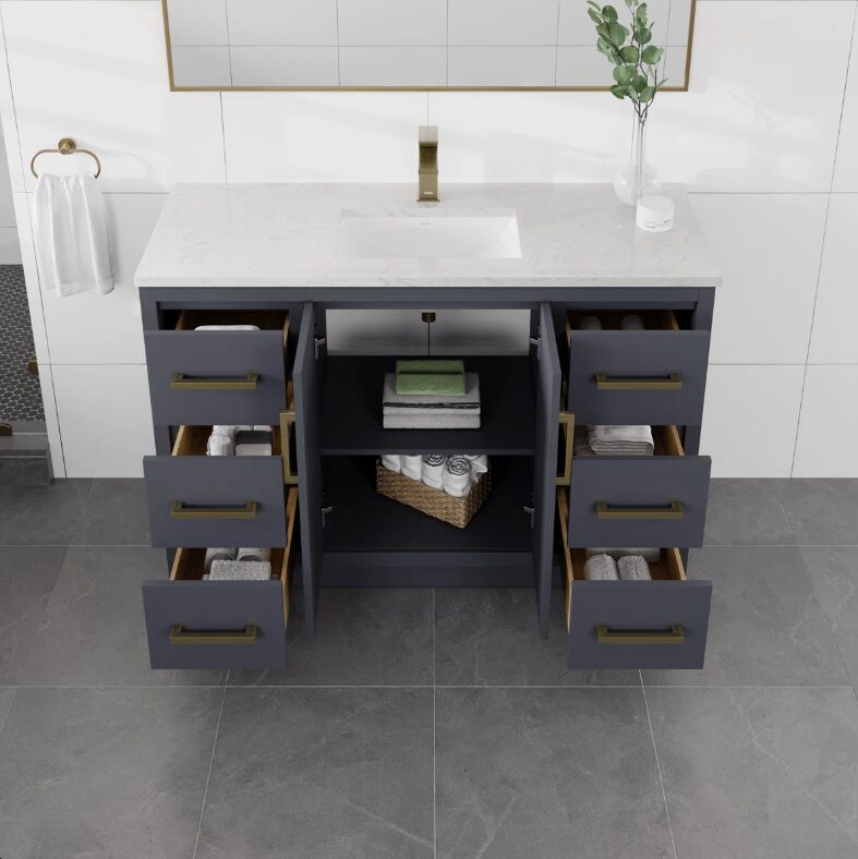 4 Contemporary Dark Gray Vanity Cabinet Soft Close Drawers Large Split Storage Layout