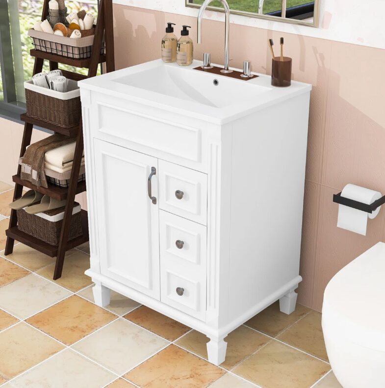 Classic White Bathroom Vanity with Soft Close Drawers Multi-Zone Storage & Decorative Wood Legs