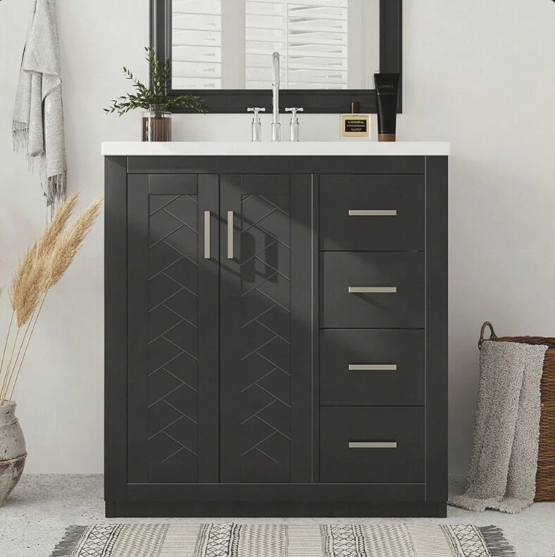4 Contemporary Herringbone Bathroom Vanity Soft Close Drawers Spacious Split Storage Layout