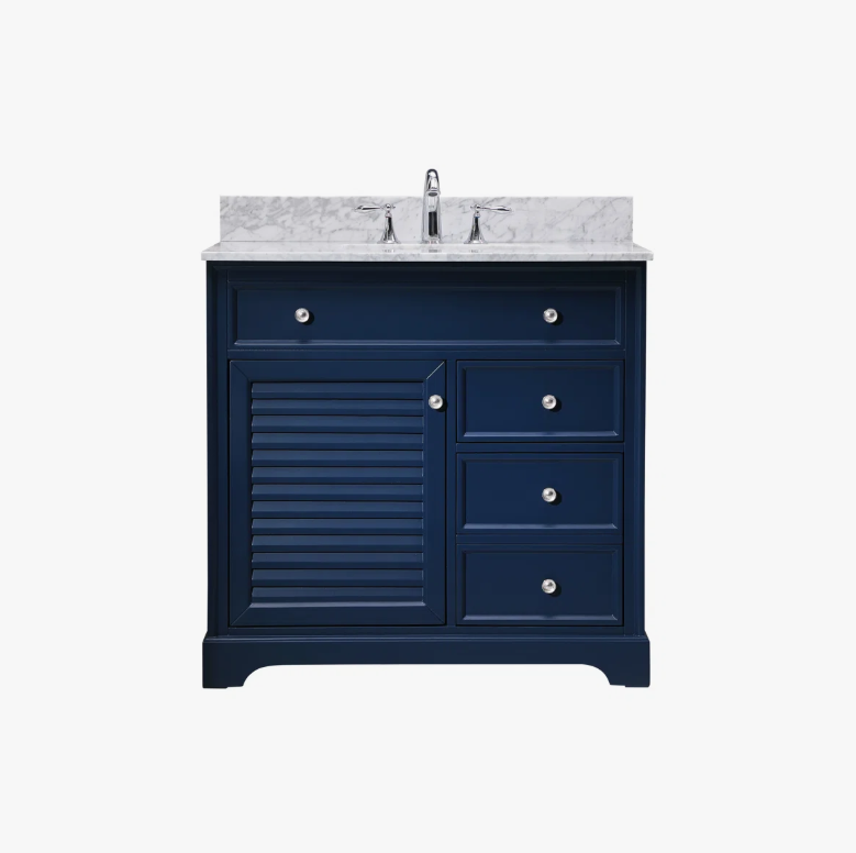 Coastal Navy Louver Bathroom Vanity Soft Close Drawers Multi-Zone Storage Layout