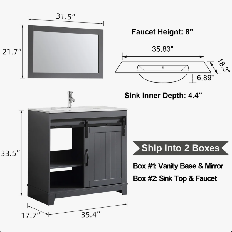 4 Rustic Farmhouse Grey Sliding Barn Door Vanity Spacious Dual Storage Design