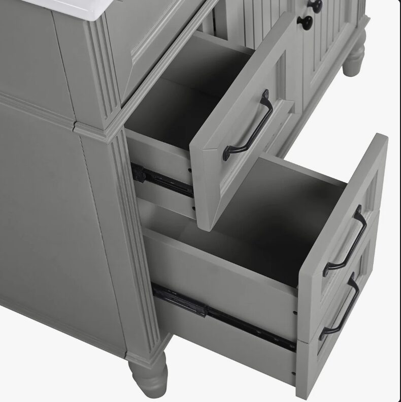 4 Cottage Style Grey Beadboard Bathroom Vanity Soft Close Drawers Split Organized Storage Layout