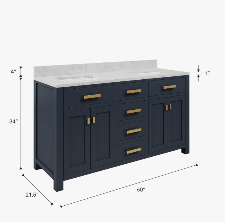 4 60 Inch Navy Blue Shaker Double Sink Bathroom Vanity, Carrara White Marble Top & Brushed Gold Hardware