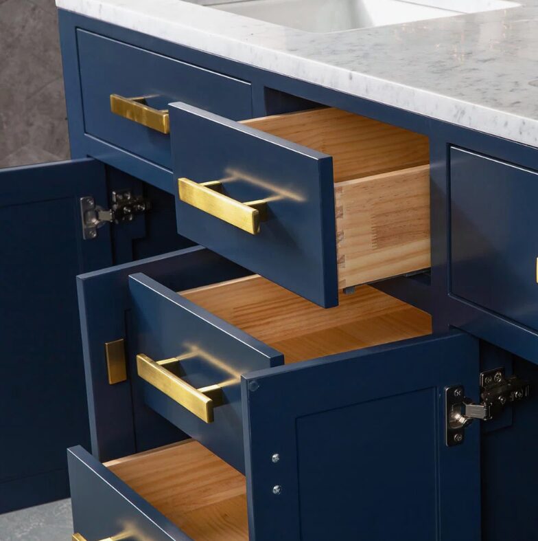 5 60 Inch Navy Blue Shaker Double Sink Bathroom Vanity, Carrara White Marble Top & Brushed Gold Hardware
