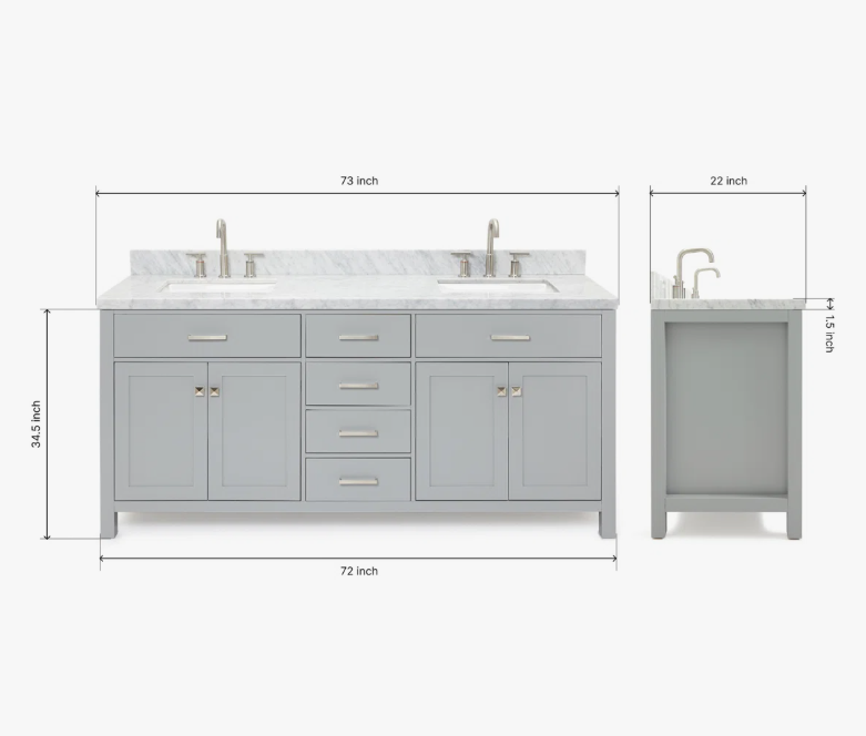 72 Inch Light Gray Shaker Double Sink Bathroom Vanity, Carrara White Marble Countertop & Brushed Nickel Hardware