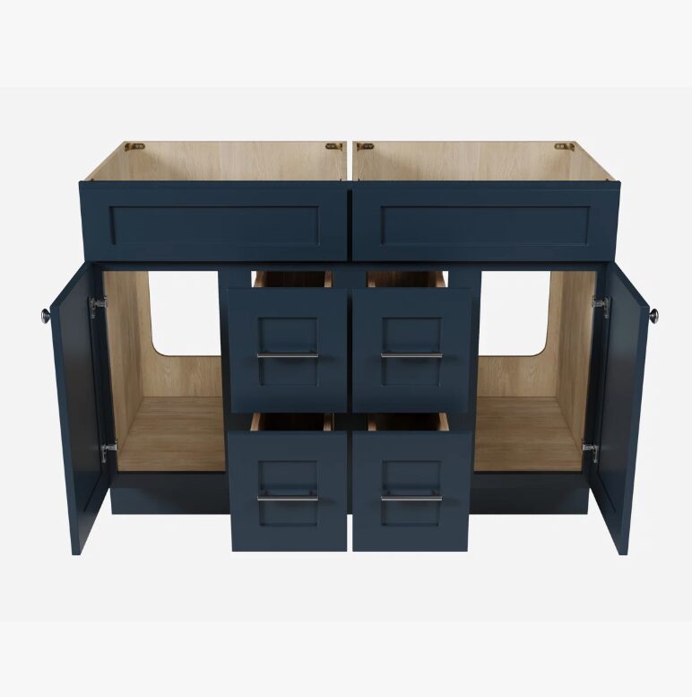 Spacious Navy Shaker Double Vanity Base with Multi-Drawer Storage for Master Bath Renovation
