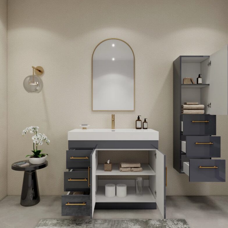 5 Luxury Dark Grey Gloss Vanity Cabinet with Soft-Close Storage for Modern Bathroom Renovation