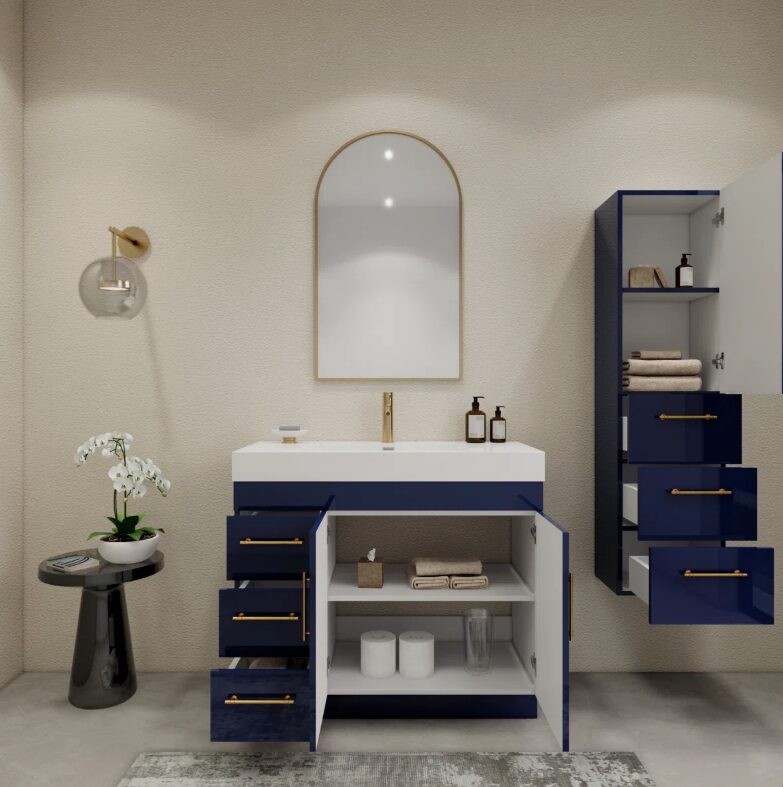 Luxury Gloss Navy Vanity Cabinet with Soft-Close Storage for Modern Bathroom Renovation