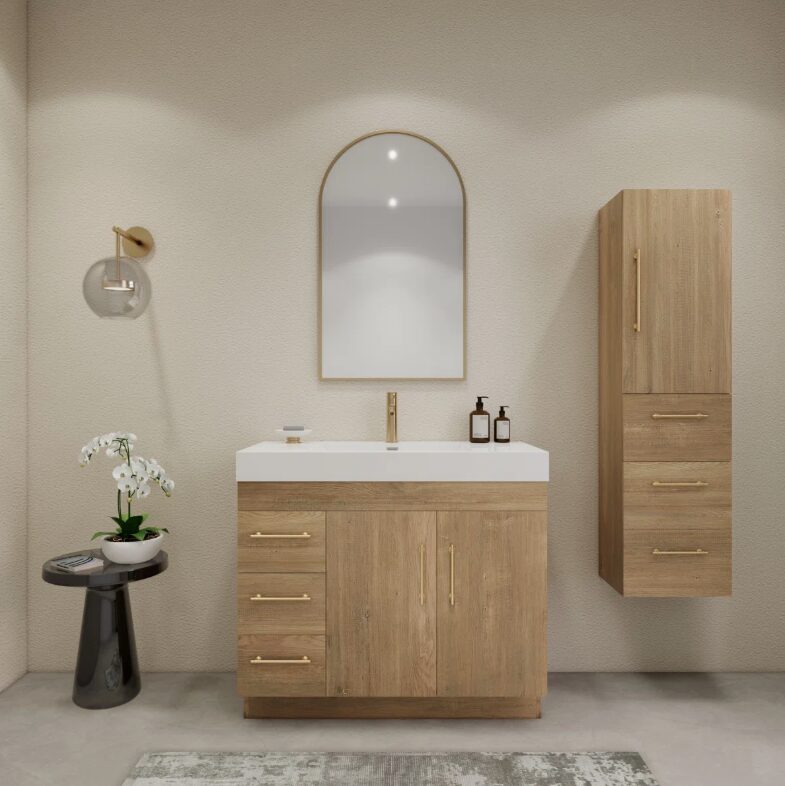Farmhouse Oak Vanity Cabinet with Soft-Close Storage for Scandinavian & Rustic Bathroom Renovation