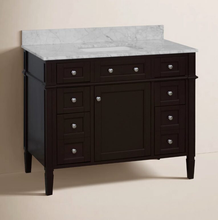 Classic Espresso Wooden Vanity Cabinet with Carrara Marble Top for Farmhouse & Transitional Bath Renovation