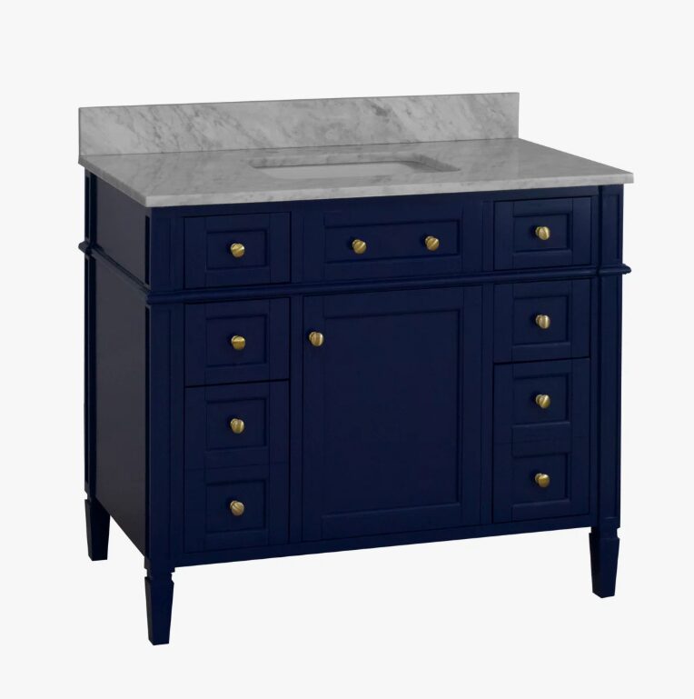 5 Modern Navy Wooden Vanity Cabinet with Carrara Marble Top for Transitional & Farmhouse Bath Remodel