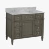 Neutral Grey Wooden Vanity Cabinet with Carrara Marble Top for Transitional & Farmhouse Bath Remodel