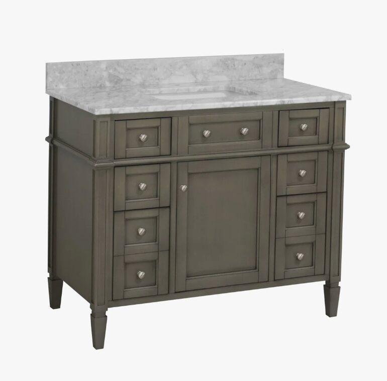 Neutral Grey Wooden Vanity Cabinet with Carrara Marble Top for Transitional & Farmhouse Bath Remodel