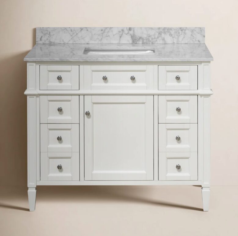 Classic White Wooden Vanity Cabinet with Carrara Marble Top for Farmhouse & Transitional Bath Remodel