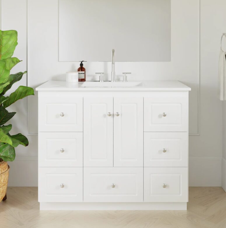 5 Clean White Shaker Vanity Base Cabinet with Full Soft-Close Storage for Coastal & Farmhouse Bath Renovation
