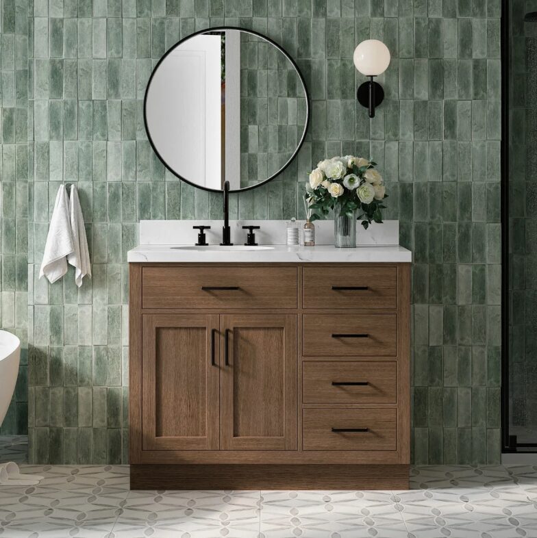 Rustic Walnut Vanity Base with Dovetail Drawers for Farmhouse & Industrial Bathroom Remodel