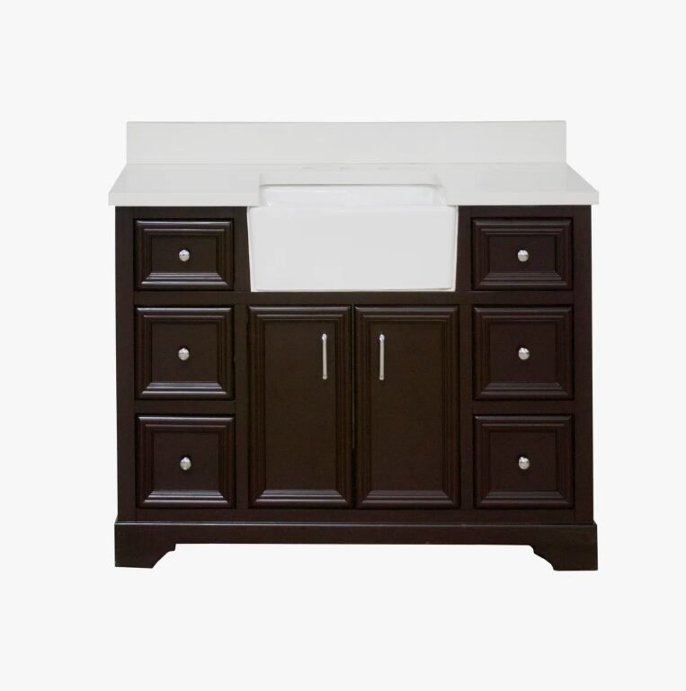Traditional Dark Brown Apron Front Vanity with Massive Storage for Farmhouse Bathroom Renovation