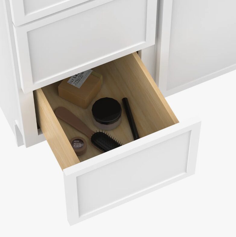 5 Bright White Double Sink Vanity Base Cabinet with Full Soft-Close Storage for Master Bath Renovation