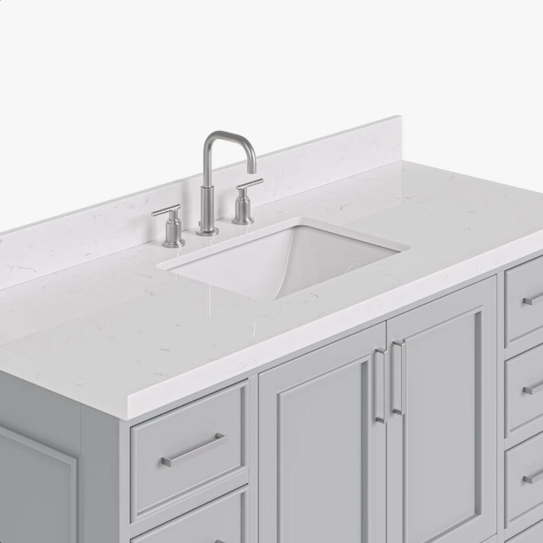 5 Spacious Light Gray Bathroom Vanity with Brushed Nickel Hardware & Massive Soft-Close Storage