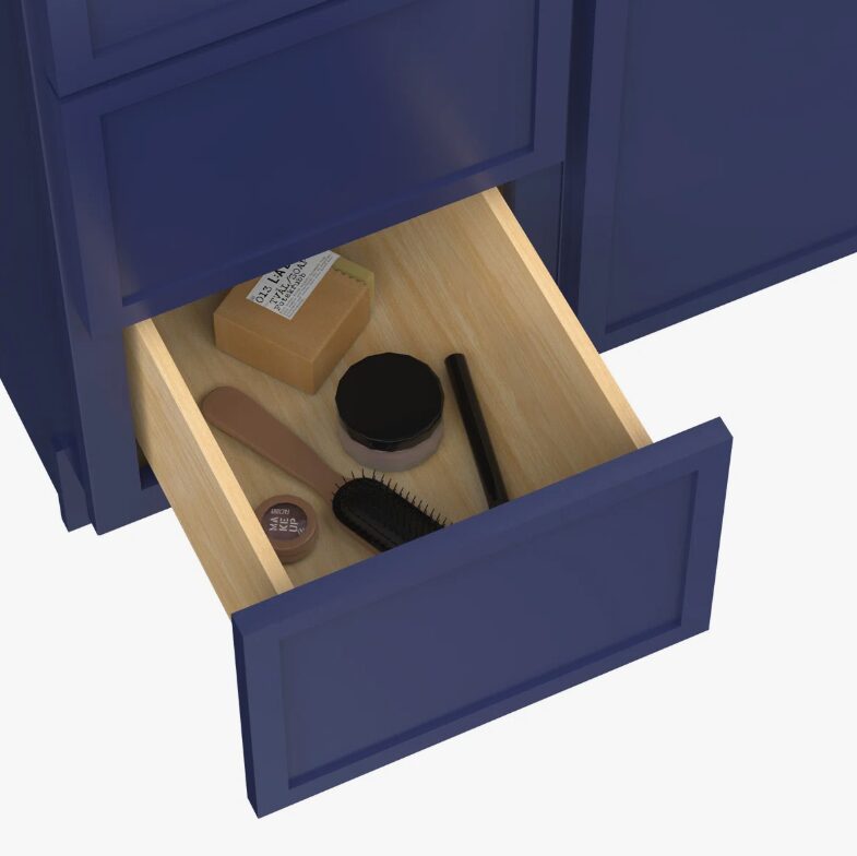 Spacious Navy Double Sink Vanity Base Cabinet with Full Soft-Close Storage for Master Bath Remodel