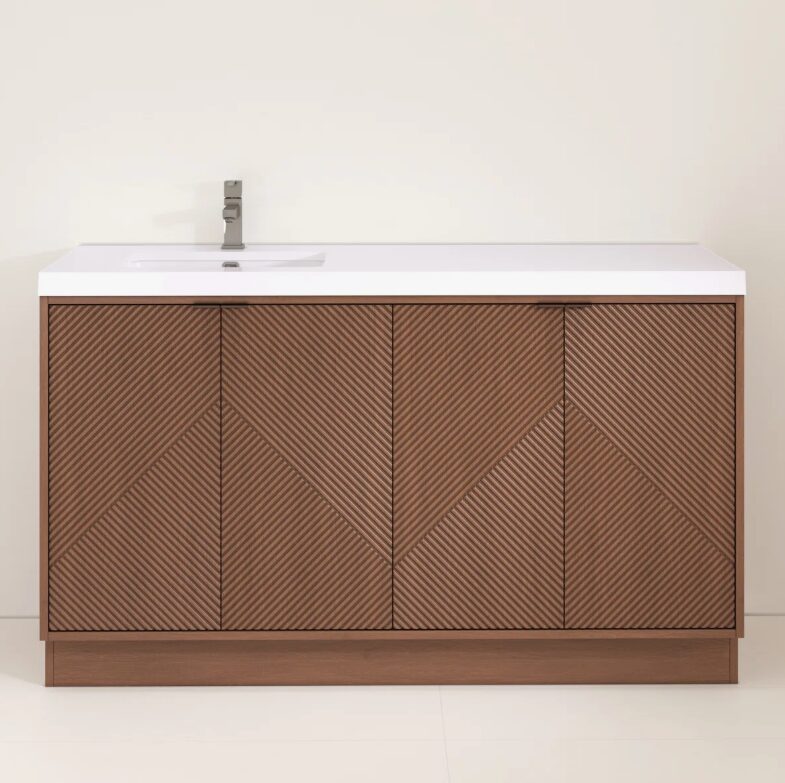 60 Inch Walnut Geometric Fluted Single Sink Floating Bathroom Vanity with Solid White Quartz Top