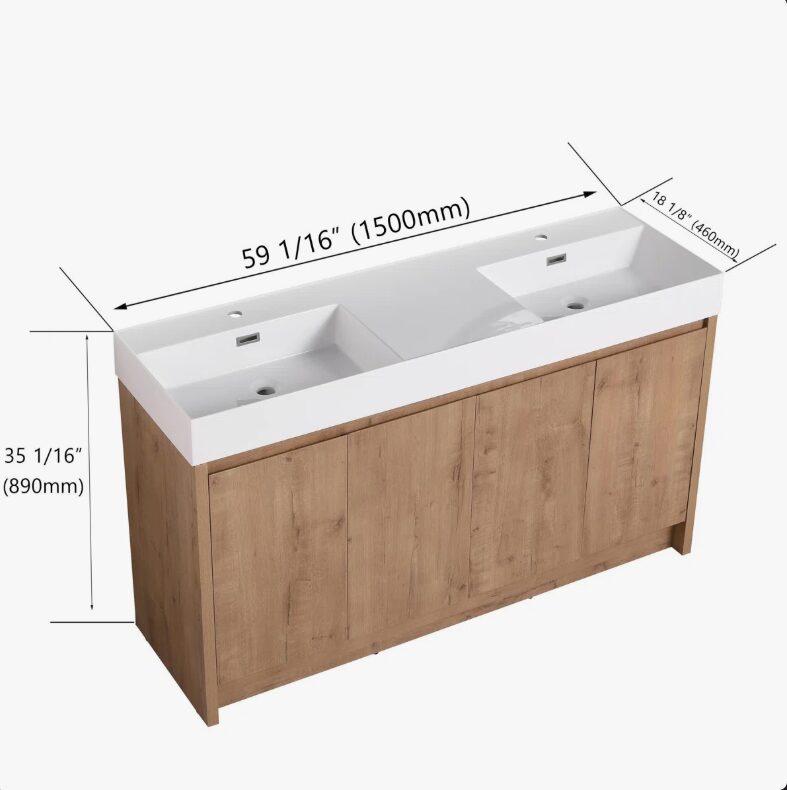 60 Inch Light Oak Freestanding Double Sink Bathroom Vanity, Integrated Solid White Quartz Countertop