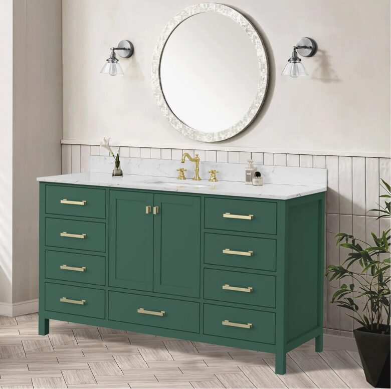Luxury Dark Green Bathroom Vanity with Gold Pulls & Massive Soft-Close Storage