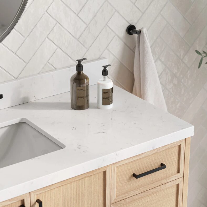 Natural Oak Bathroom Vanity Cabinet with Black Pulls & Large Soft-Close Storage