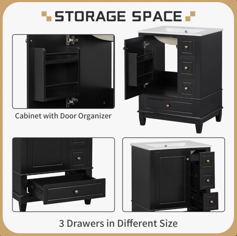 5 Spacious Storage Black Bathroom Vanity with Soft-Close Drawers & Single Cabinet Door