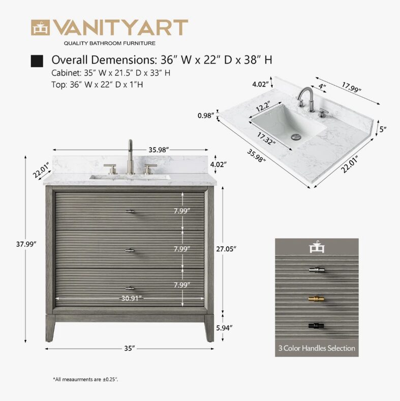 5 Spacious Storage Fluted Bathroom Vanity with Full Soft-Close Solid Wood Drawers