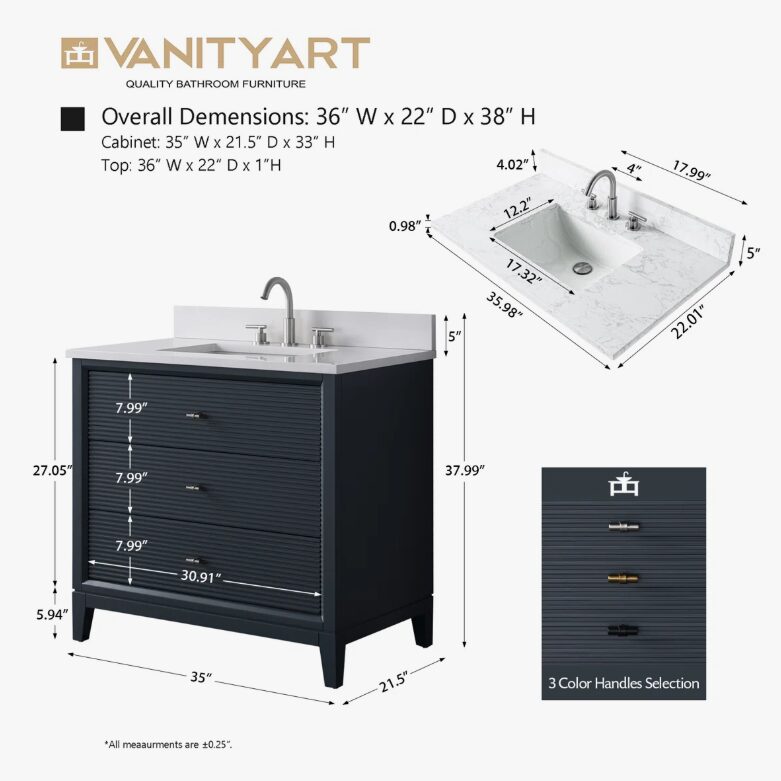 5 Large Storage Fluted Navy Bathroom Vanity with Full Soft-Close Solid Wood Drawers