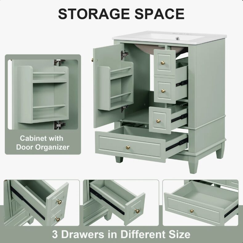 5 Large Organized Storage Sage Green Bathroom Vanity with Soft-Close Drawers & Door Rack