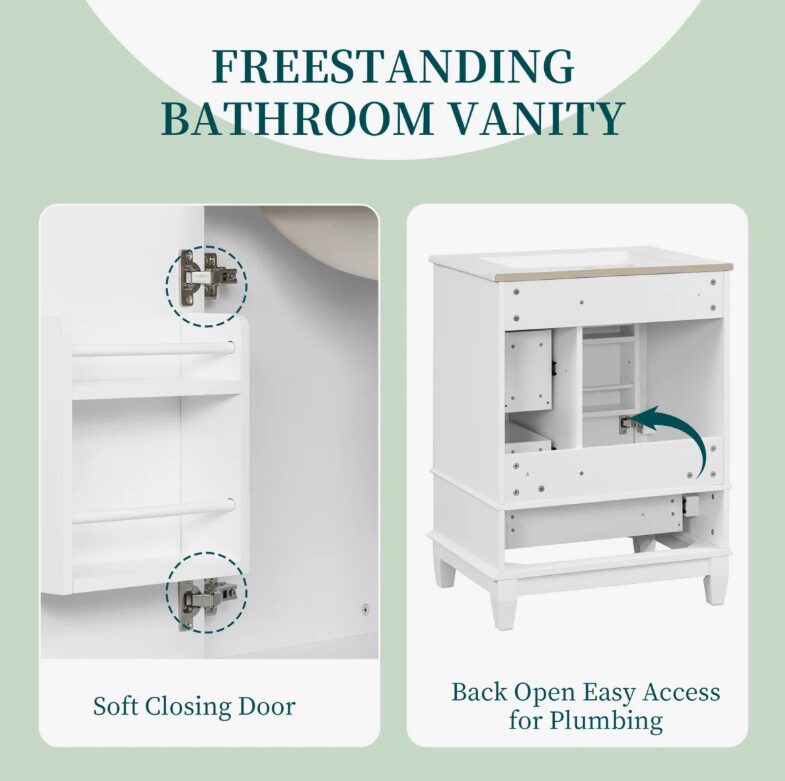 5 Organized Storage White Bathroom Vanity with Soft-Close Drawers & Door Storage Rack