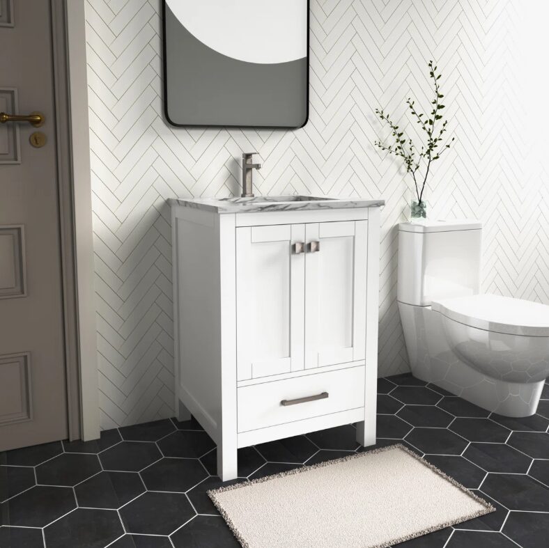 Minimalist White Bathroom Vanity with Double Soft-Close Doors & Large Storage Drawer