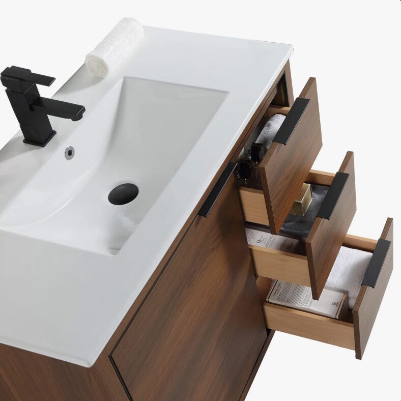 5 Mid-Century Walnut Bathroom Vanity with Full Soft-Close Hardware & Adjustable Inner Shelf