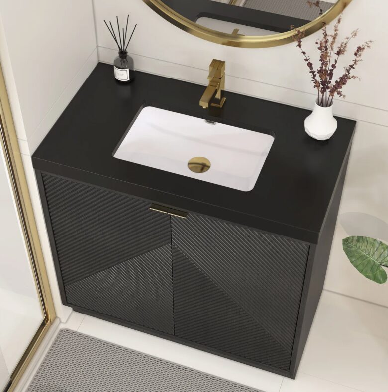 Contemporary Ribbed Black Bathroom Vanity with Full Soft-Close Mechanism & Adjustable Shelf