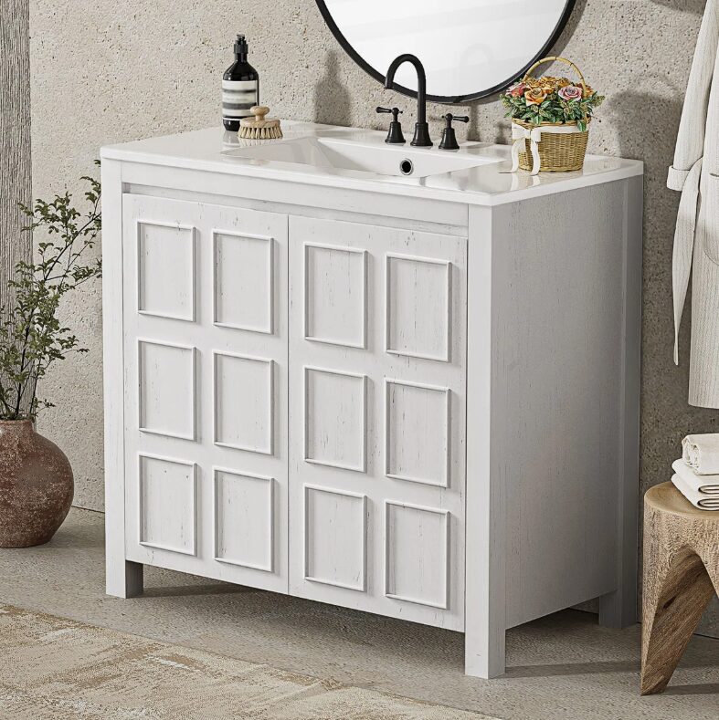 5 36" Rustic White Shaker Bathroom Vanity Cabinet with Vintage Distressed Wood Finish