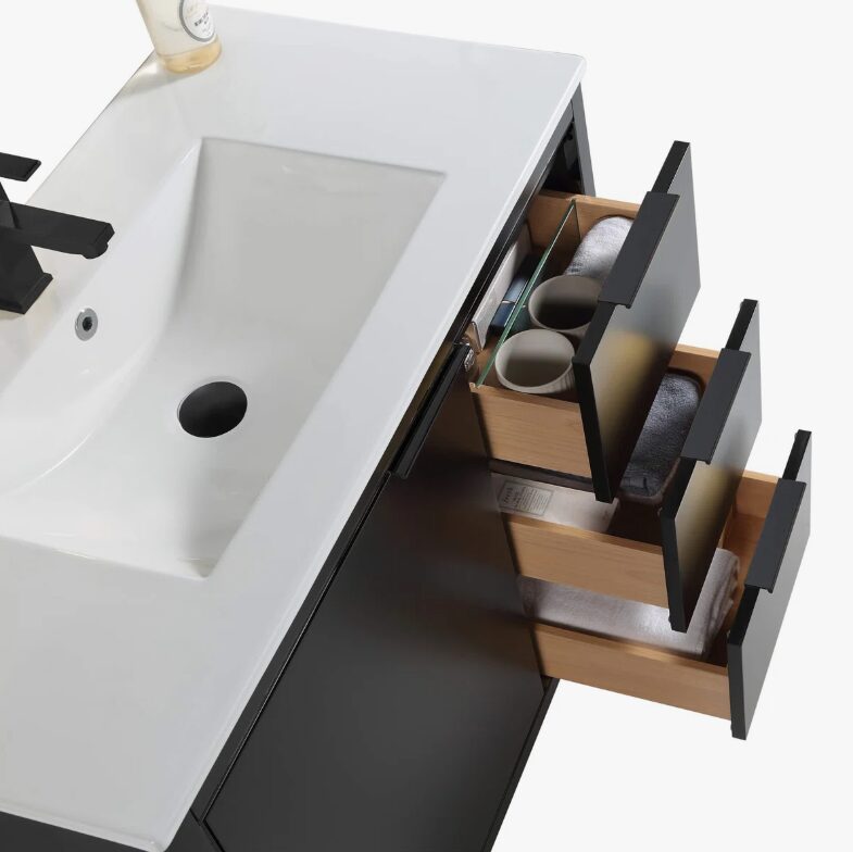 Industrial Style Black Bathroom Vanity with Split Storage Zones & Full Soft-Close Hardware