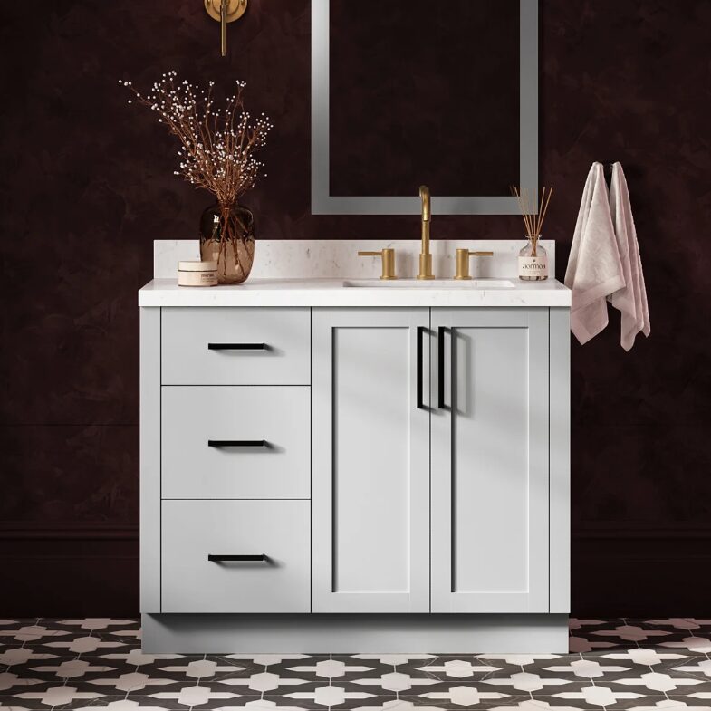 42" Modern Light Gray Bathroom Vanity Cabinet with Matte Black Bar Pulls & Classified Storage