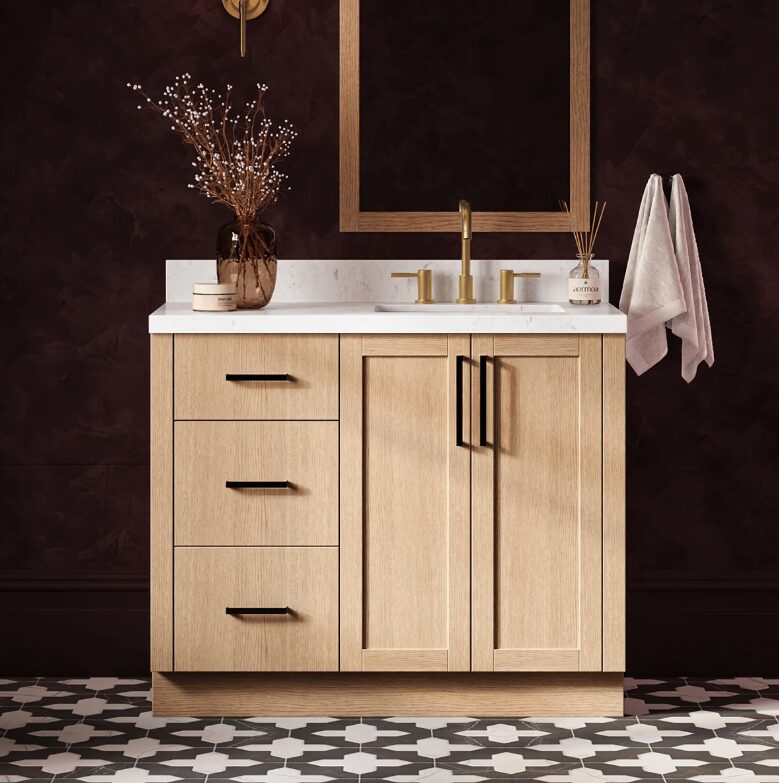 Contemporary Light Oak Wood Bathroom Vanity with Full Soft-Close Hardware & Solid Pine Drawer Boxes