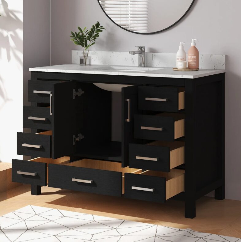 Transitional Matte Black Bathroom Vanity with Full Soft-Close Hardware & Solid Pine Drawer Boxes