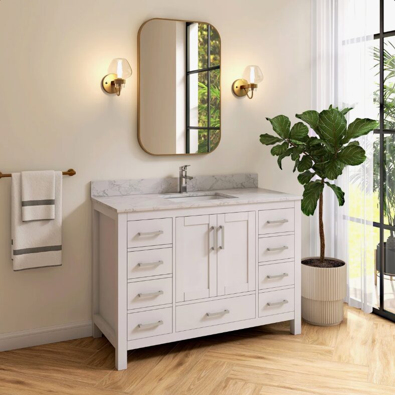 5 48" Modern White Bathroom Vanity Cabinet with Brushed Nickel Pulls & Symmetric Multi-Drawer Storage