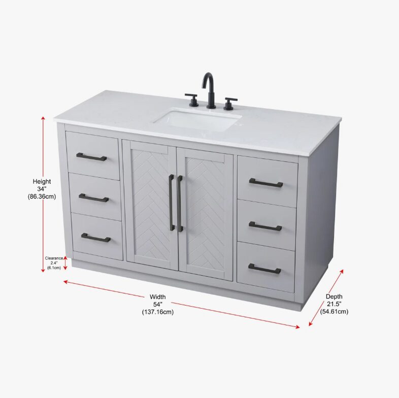 54" Modern Grey Vanity Cabinet with Matte Black Pulls & Symmetric Multi-Drawer Storage