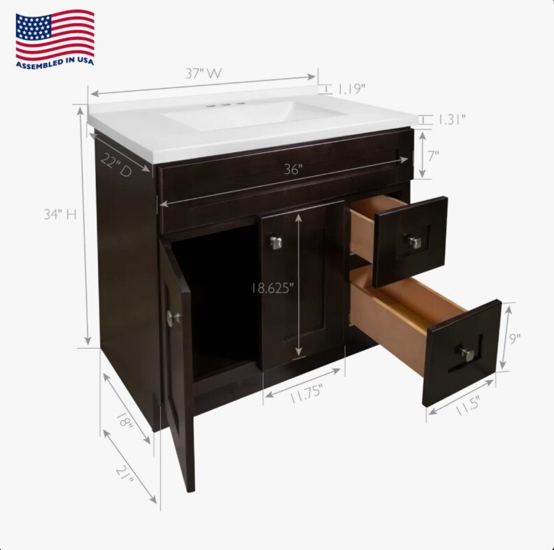 Classic Shaker Espresso Bathroom Vanity Soft Close Drawers Spacious Organized Storage