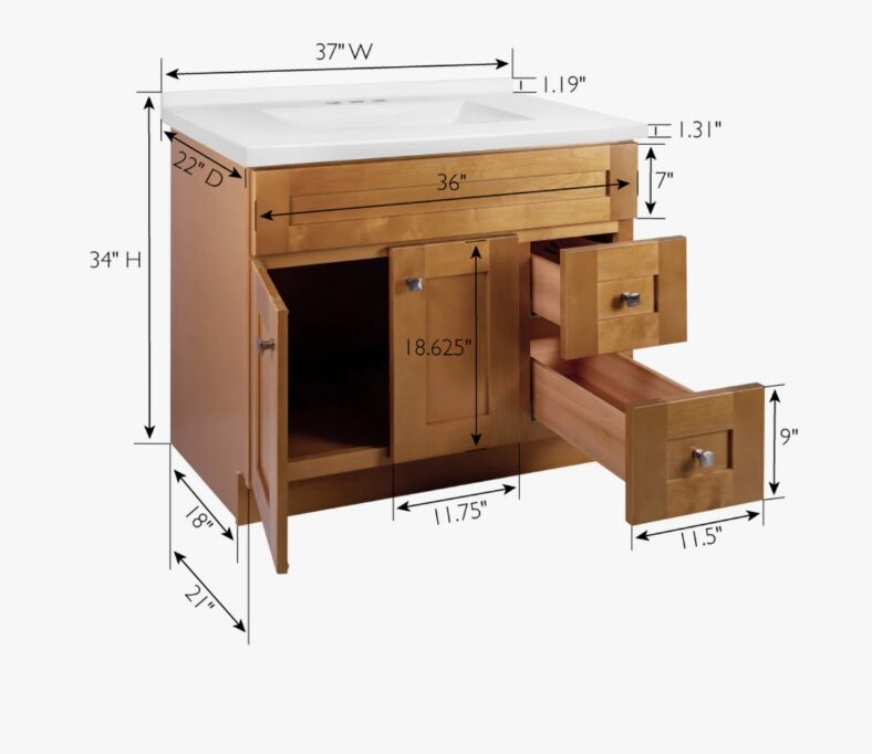 Classic Honey Shaker Bathroom Vanity Soft Close Drawers Large Split Storage Layout