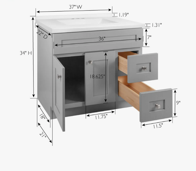 5 Modern Grey Shaker Bathroom Vanity Soft Close Drawers Spacious Split Storage Design