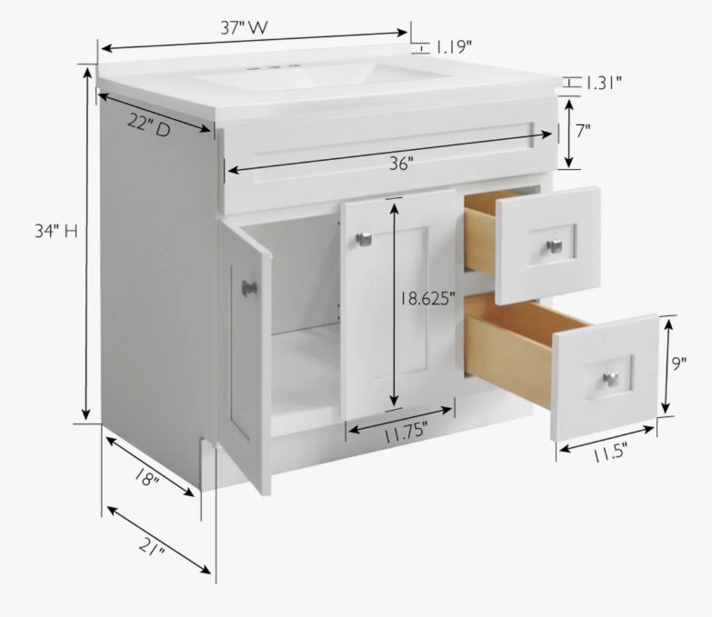 5 Classic White Shaker Bathroom Vanity Soft Close Drawers Large Split Storage Layout